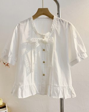 Sweet Lolita Blouses Ruffles Bows Short Sleeves Blouse Lolita Top Light Sky Blue Lolita Shirt
