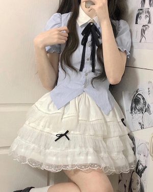 Sweet Lolita Outfits Light Sky Blue Bows Ruffles Short Sleeves Blouse Skirt Cravat