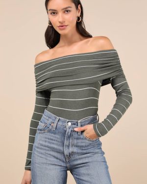 Sweetest Concept Olive Striped Off-the-Shoulder Sweater Top