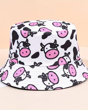 TEMU 1pc Unisex Cute Cow Pattern Bucket Hat - Black & White With Pink Accents, Wide Brim Sun Protection, Durable Fabric For Outdoor Travel, Casual