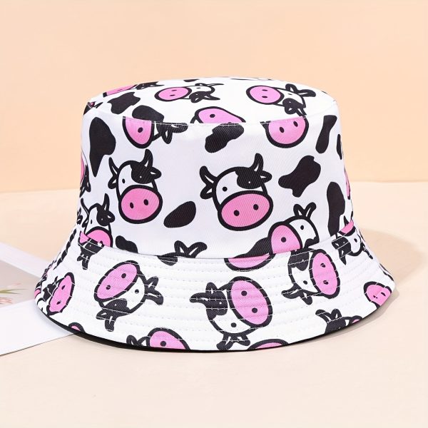 TEMU 1pc Unisex Cute Cow Pattern Bucket Hat - Black & White With Pink Accents, Wide Brim Sun Protection, Durable Fabric For Outdoor Travel, Casual