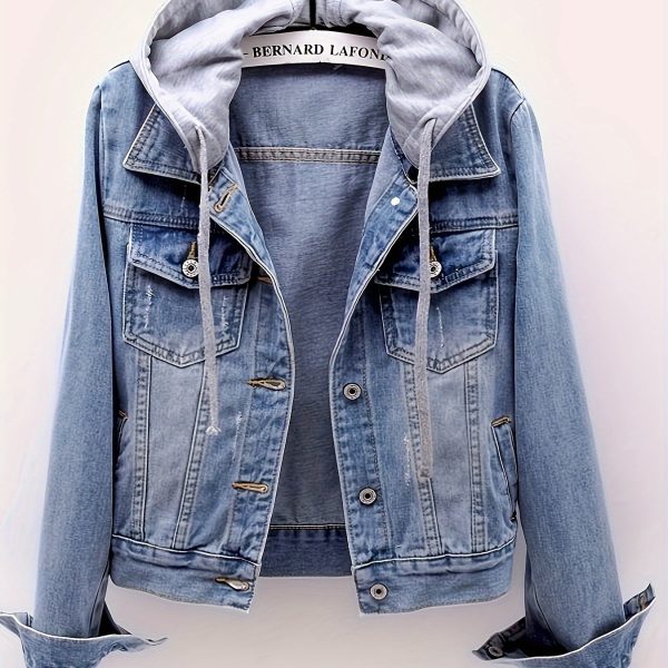 TEMU 2025 New Women's Detachable Hooded Denim Jacket - Streetwear Style Button-up Long Sleeve With Pockets, Machine Washable Spring/fall Casual