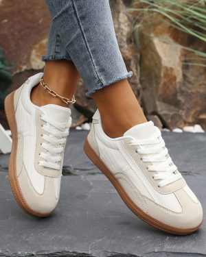 TEMU 2025 New Women's Low-top Sneakers - White & Beige Color-, Breathable Mesh & Pu Foam Upper, Eva Cushioned Sole, Lace-up Casual Shoes For Wear,
