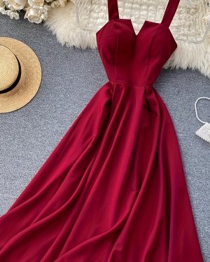 TEMU 2025 New Women's V-neck Long Evening Gown - Sleeveless A-line Party Dress With Back Tie Waist, Solid Color Red, Lace-up Detail, Summer Events &