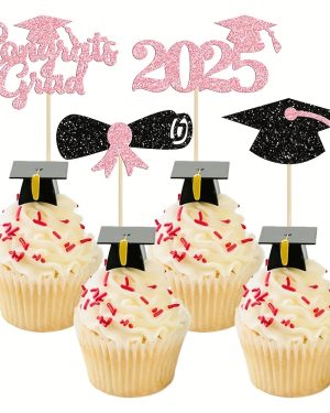 TEMU 24pcs Glitter Graduation Cap & Cupcake Toppers - Class Of 2025 Bamboo Picks For Graduation Party Cake Decorations, Vibrant Colors (pink, Golden,