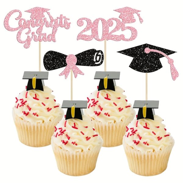 TEMU 24pcs Glitter Graduation Cap & Cupcake Toppers - Class Of 2025 Bamboo Picks For Graduation Party Cake Decorations, Vibrant Colors (pink, Golden,