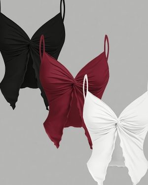 TEMU 3pcs Women's Sleeveless Twist Knot Camisole Set - Sexy, Strapless, Solid Color (black, Red, White) - Summer Tops In Slingback Style, No Padding,