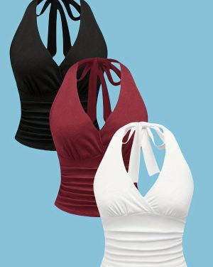TEMU 3pcs Women's V-neck Halter Tops With Backless Design - Stretchy, Sleeveless Crop Tops In Black, Burgundy & White - Casual & Stylish Outfits,