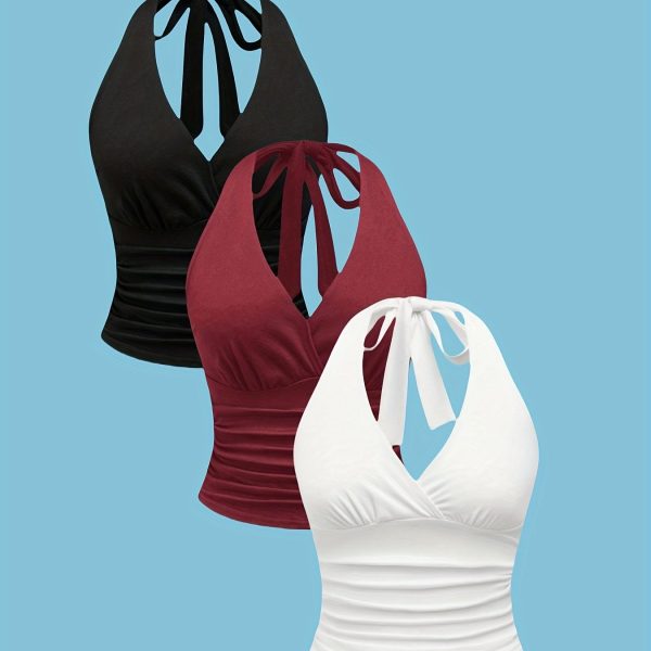TEMU 3pcs Women's V-neck Halter Tops With Backless Design - Stretchy, Sleeveless Crop Tops In Black, Burgundy & White - Casual & Stylish Outfits,