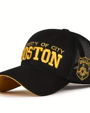 TEMU Adjustable Unisex Baseball Cap With 3d Embroidered Boston Lettering & Police Badge Design - Breathable Mesh Back, Quick-dry Sun Protection Hat