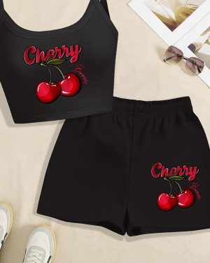 TEMU Attention All -toothed Ladies ! And Comfortable Women's Camisole Set, Featuring Vibrant "cherry" Prints And Cherry Patterns, Exudes A Charm. In