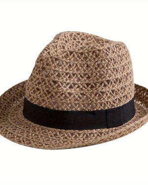 TEMU Breathable Mesh Fedora & Straw Hat For - Summer Sun Protection With Wide Brim, Beige & Black Ribbon Detail, Lightweight Casual Outdoor Hat For