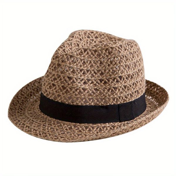 TEMU Breathable Mesh Fedora & Straw Hat For - Summer Sun Protection With Wide Brim, Beige & Black Ribbon Detail, Lightweight Casual Outdoor Hat For