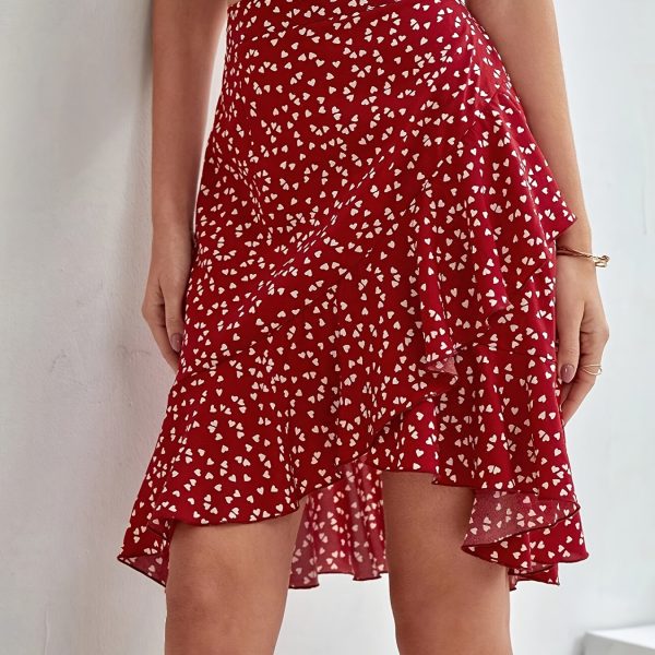 TEMU Chic Red And White Heart Pattern Ruffle Skirt For Women - Elegant High-waisted Polyester Fashion With Asymmetrical Hem, Machine Washable