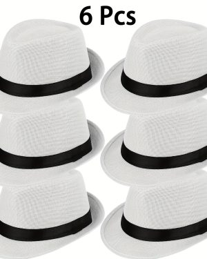 TEMU D 6pcs 1920s Panama Style Fedora Hats - Soft Lightweight Vintage Costume Hats For , 6 Colors (black, Gray, Red, Blue, Beige, White) With Pinched