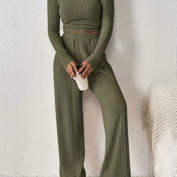 TEMU Directional Long-sleeve Round-neck Cropped Top With Wide-leg Pants Set.