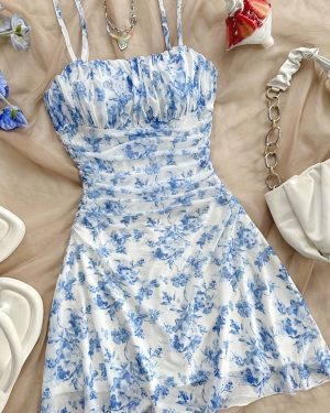 TEMU Elegant Blue Floral Mesh Backless Summer Dress - Sleeveless Ruffle Hem Vacation Dress For Women, Lightweight Polyester Blend With Adjustable