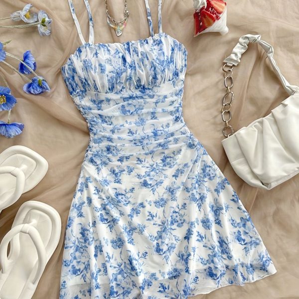 TEMU Elegant Blue Floral Mesh Backless Summer Dress - Sleeveless Ruffle Hem Vacation Dress For Women, Lightweight Polyester Blend With Adjustable