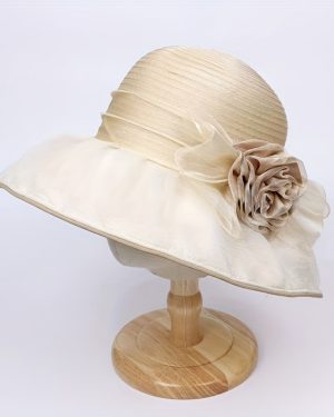 TEMU Elegant Floral Organza Derby Sun Hat For Women - Wide Brim, Breathable, Lightweight, Weddings, Beach, And Church Events, Sun Hat For Wedding,