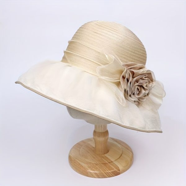 TEMU Elegant Floral Organza Derby Sun Hat For Women - Wide Brim, Breathable, Lightweight, Weddings, Beach, And Church Events, Sun Hat For Wedding,