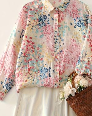 TEMU Elegant Floral Print Blouse For Women - Lightweight, Loose Fit, Button-up Shirt With Pastel Macaron Colors And Intricate Floral Patterns,