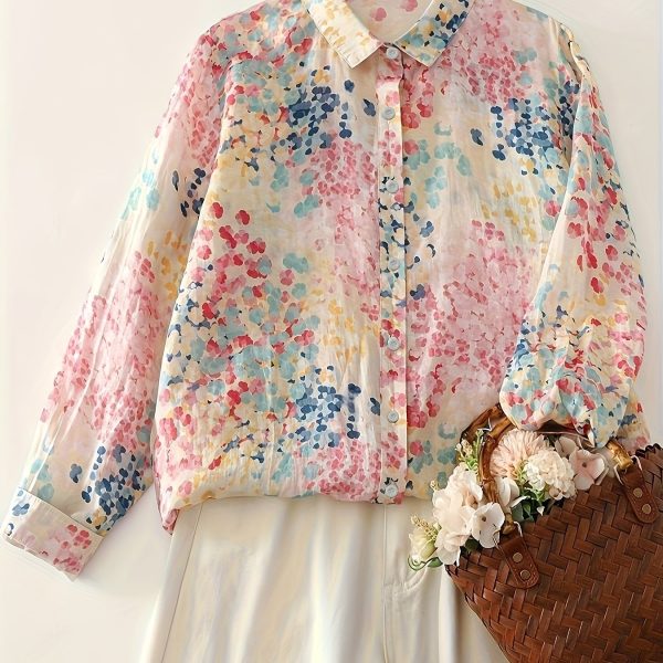 TEMU Elegant Floral Print Blouse For Women - Lightweight, Loose Fit, Button-up Shirt With Pastel Macaron Colors And Intricate Floral Patterns,