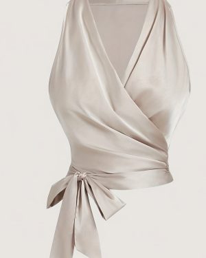 TEMU Elegant French-inspired Women's Sleeveless V-neck Blouse With Asymmetrical Hem, Ruffle Detail & Tie Accents - Chic Beige Wrap Style Top For
