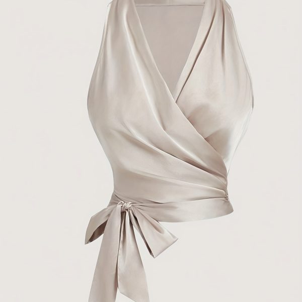 TEMU Elegant French-inspired Women's Sleeveless V-neck Blouse With Asymmetrical Hem, Ruffle Detail & Tie Accents - Chic Beige Wrap Style Top For
