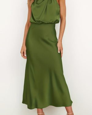 TEMU Elegant Green Satin Maxi Dress For Women - High Neck, One-shoulder, Asymmetrical Hem, Flowing A-line Silhouette, Summer Chic, Polyester, Machine