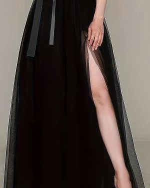 TEMU Elegant High-waist Tulle Maxi Skirt With Belt, Asymmetrical Hem, And Slit Detail - Lightweight Polyester Lining, Solid Color, All , A-line