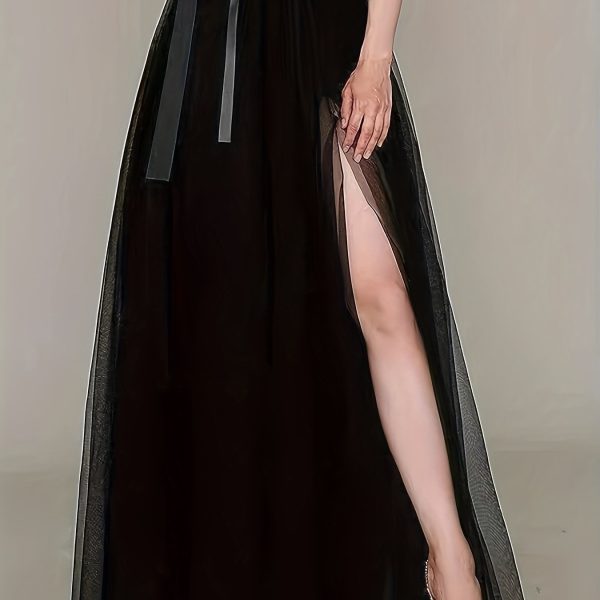 TEMU Elegant High-waist Tulle Maxi Skirt With Belt, Asymmetrical Hem, And Slit Detail - Lightweight Polyester Lining, Solid Color, All , A-line