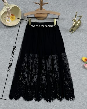 TEMU Elegant Lace High-waisted Midi Skirt - Floral Pattern Tiered Hem, Black & White, Hand Wash Weddings, Dates & Formal Events, Lace Skirt, Wedding