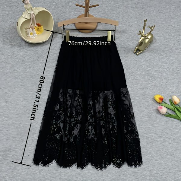 TEMU Elegant Lace High-waisted Midi Skirt - Floral Pattern Tiered Hem, Black & White, Hand Wash Weddings, Dates & Formal Events, Lace Skirt, Wedding