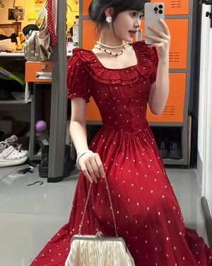 TEMU Elegant Red Floral Neck A-line Maxi Dress With Sleeves And Tiered Skirt - Spring/summer/fall, Adult Women's Fashion, Cute Dress