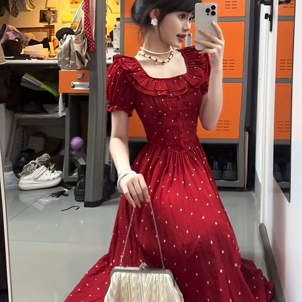 TEMU Elegant Red Floral Neck A-line Maxi Dress With Sleeves And Tiered Skirt - Spring/summer/fall, Adult Women's Fashion, Cute Dress