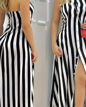 TEMU Elegant Sleeveless Backless Striped Shirt Dress For Women - High-low Hem, Non-stretch Polyester, Black & White Vertical Stripes, Summer Commute,