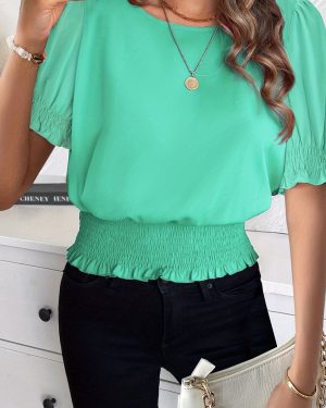 TEMU Elegant Solid Color Lantern Sleeve Pleated Blouse For Women - Crew Neck, Short Sleeve, Peplum Top, Office, Daily Commute, Vacation, And , Office
