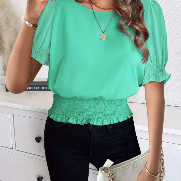 TEMU Elegant Solid Color Lantern Sleeve Pleated Blouse For Women - Crew Neck, Short Sleeve, Peplum Top, Office, Daily Commute, Vacation, And , Office