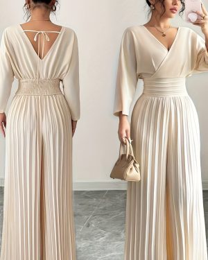 TEMU Elegant Summer Jumpsuit For Women - Beige V-neck With Tie-back Detail, Wide-leg Flared Pants, Batwing Sleeves, High Waist Design, Casual ,