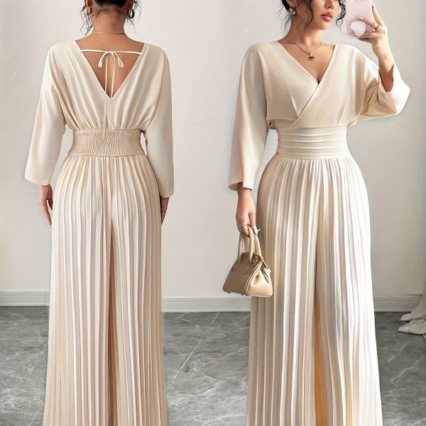 TEMU Elegant Summer Jumpsuit For Women - Beige V-neck With Tie-back Detail, Wide-leg Flared Pants, Batwing Sleeves, High Waist Design, Casual ,