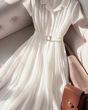 TEMU Elegant Women's Dress - Chic Summer A-line Lapel Collar, Short Sleeve Solid Color, Pleated Design, Lightweight Polyester With Belt, Adult