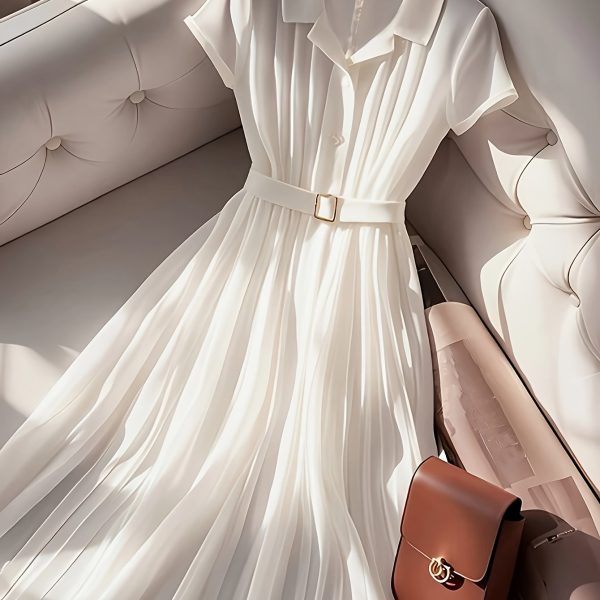TEMU Elegant Women's Dress - Chic Summer A-line Lapel Collar, Short Sleeve Solid Color, Pleated Design, Lightweight Polyester With Belt, Adult