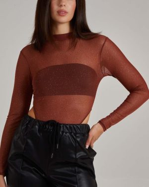 TEMU Glitter Long Sleeve Mesh Bodysuit