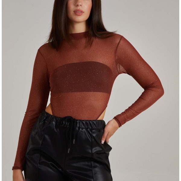 TEMU Glitter Long Sleeve Mesh Bodysuit
