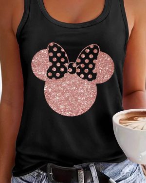 TEMU Licensed Mouse Glitter Bow Print Sleeveless Vest - Vibrant Orange Stretchy Top, Machine Washable Women's Casual Elegant Blouse, Outfit, Cute