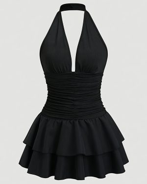 TEMU New Women's Fashion Dress With A Halter Neck, Off-shoulder And Backless Design, Featuring A Pleated V-neck And A Double-layered Hem, Ribbed