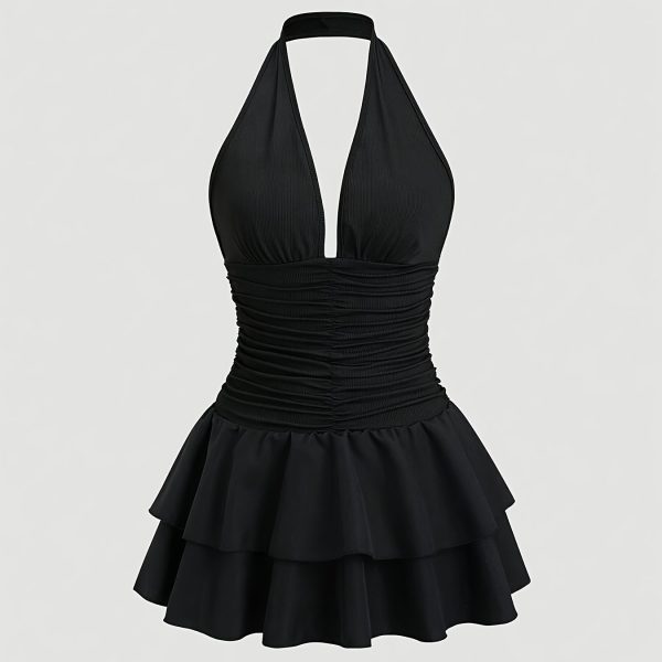 TEMU New Women's Fashion Dress With A Halter Neck, Off-shoulder And Backless Design, Featuring A Pleated V-neck And A Double-layered Hem, Ribbed