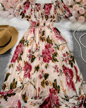 TEMU Plus Size - Elegant Floral Print Chiffon Maxi Dress With Sleeves And Tiered Skirt - Off-shoulder, Pleated Design For Women, Spring/summer/fall,