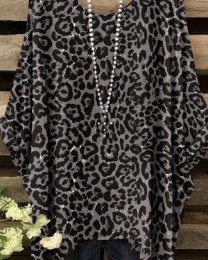 TEMU Plus Size - Elegant Plus Size Bohemian Print Tunic Top - Black & White Leopard Print, Round Neck, Long Sleeves, Asymmetrical Hem, Stretchy