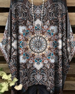 TEMU Plus Size - Elegant Plus Size Bohemian Print Tunic Top - Vibrant Floral & , Crew Neck, Short Sleeve, Lightweight Polyester, Summer, Casual Wear,